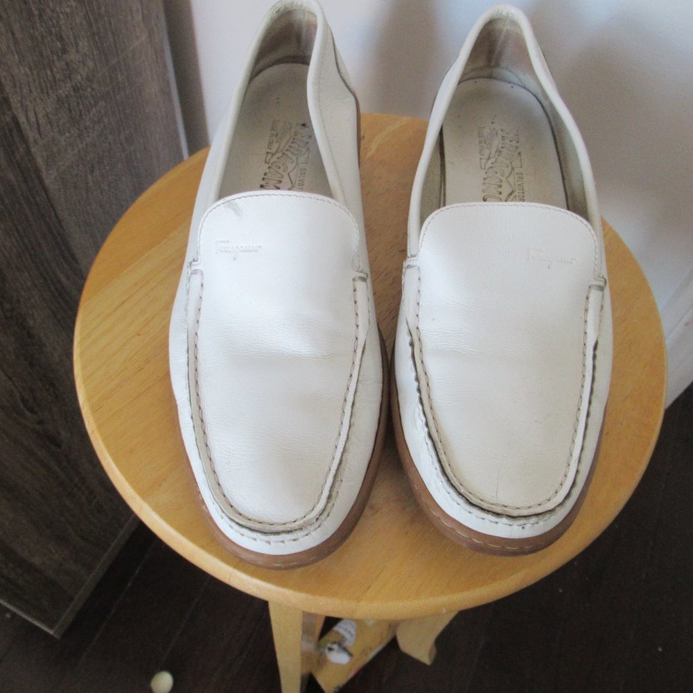 Salvatore Ferragamo Sport Slip On Loafers White Leather size 8.5